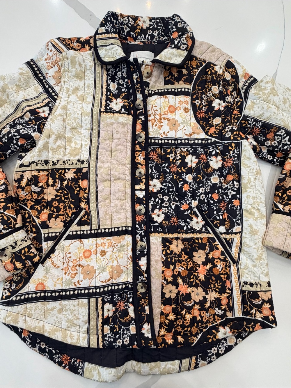 Anthropologie Quilted Floral Patchwork Puffer Jacket - Black & Cream